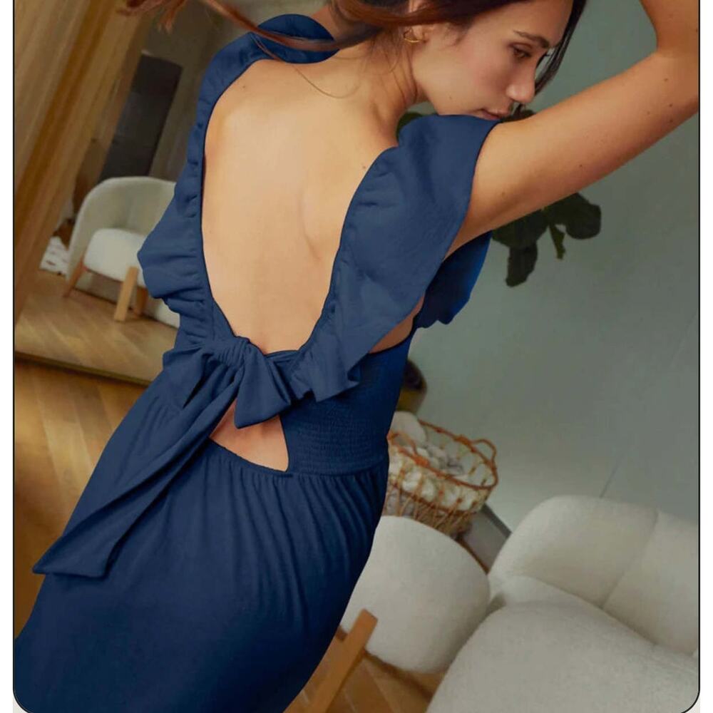 NATION LTD LOS ANGELES Navy Blue Smock Ruffle dress 100% Pima Cotton Maxi Dress
